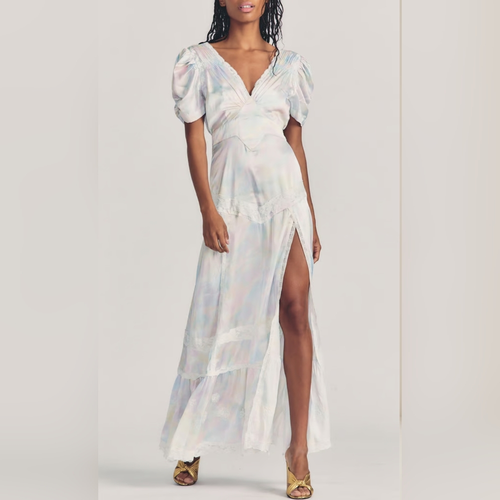 NWT LOVESHACKFANCY Quintessa Embroidered Pastel Maxi Dress with leg slit, Size 4